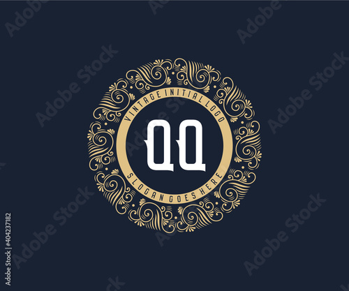 Initial QQ Antique retro luxury victorian calligraphic emblem logo with ornamental frame.