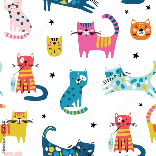 Seamless pattern with funny cats. Creative childish texture in Scandinavian style. Great for fabric, textile Vector Illustration