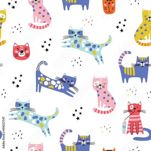 Seamless pattern with funny cats. Creative childish texture in Scandinavian style. Great for fabric, textile Vector Illustration