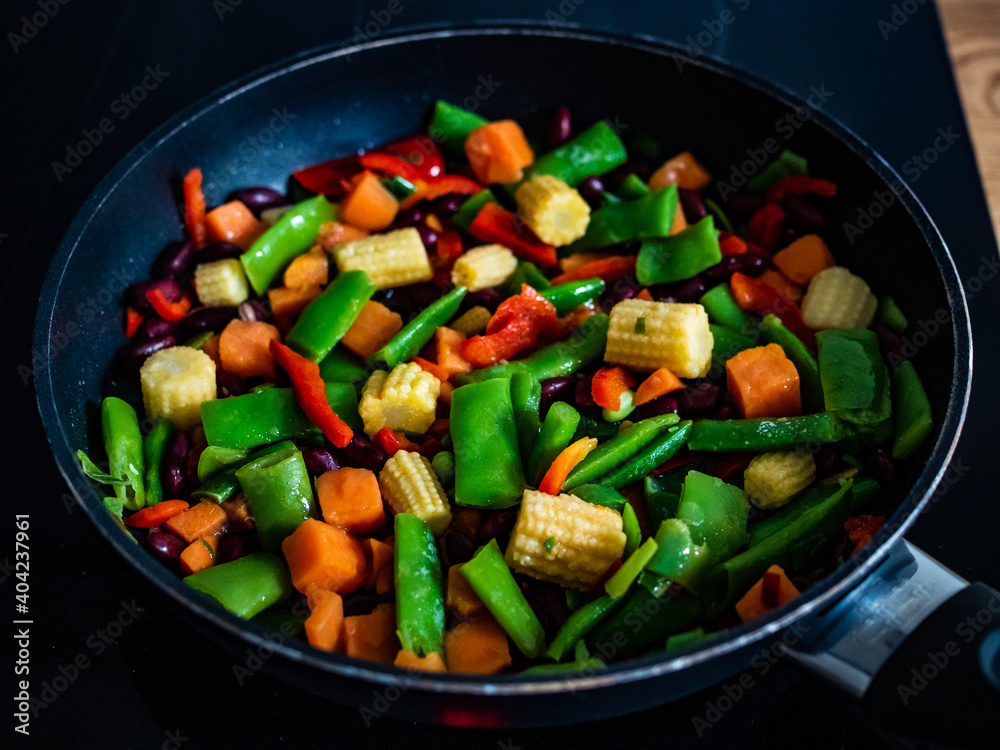 Mix of vegetables cooking in frying pan
Mix of vegetables cooking in frying pan