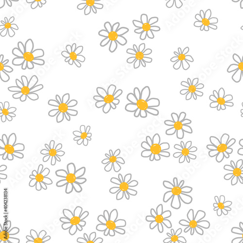 Seamless pattern with doodle hand drawn daisy flower on white background vector illustration.