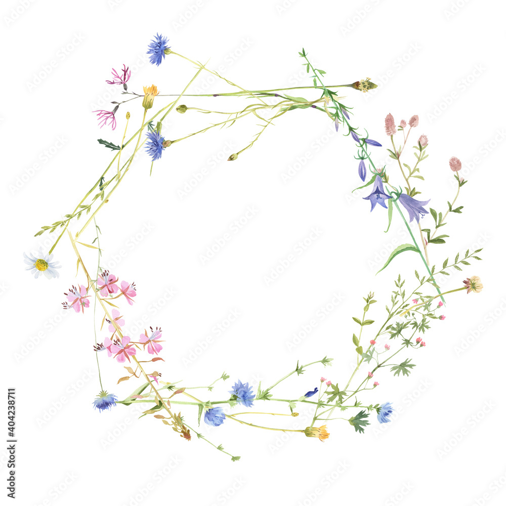 Round frame with watercolor meadow flowers