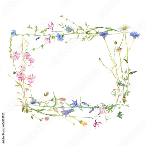 Rectangular frame with watercolor meadow flowers