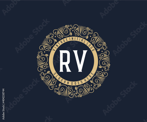 Initial RV Antique retro luxury victorian calligraphic emblem logo with ornamental frame.
