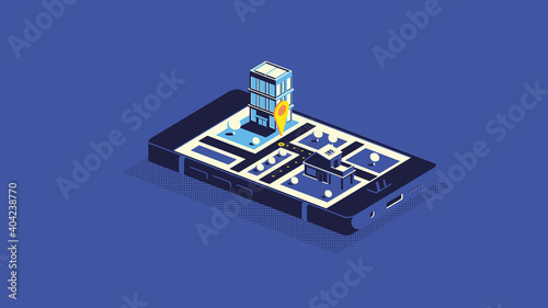 Flat 3d isometric mobile GPS navigation maps infographic concept illustration. Smartphone with digital paper map with marker.