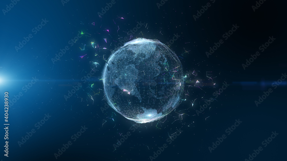 Digital grid and polygonal triangle connecting points space over the planet earth and sun light ray beam. Futuristic abstract network growing and covering planet. 3D rendering.