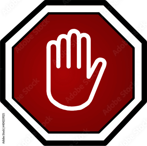 octagonal stop sign hand palm on red background. Stop sign. Hand sign to stop.	
