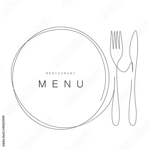 Tela Menu restaurant background with plate and fork and knife, vector illustration