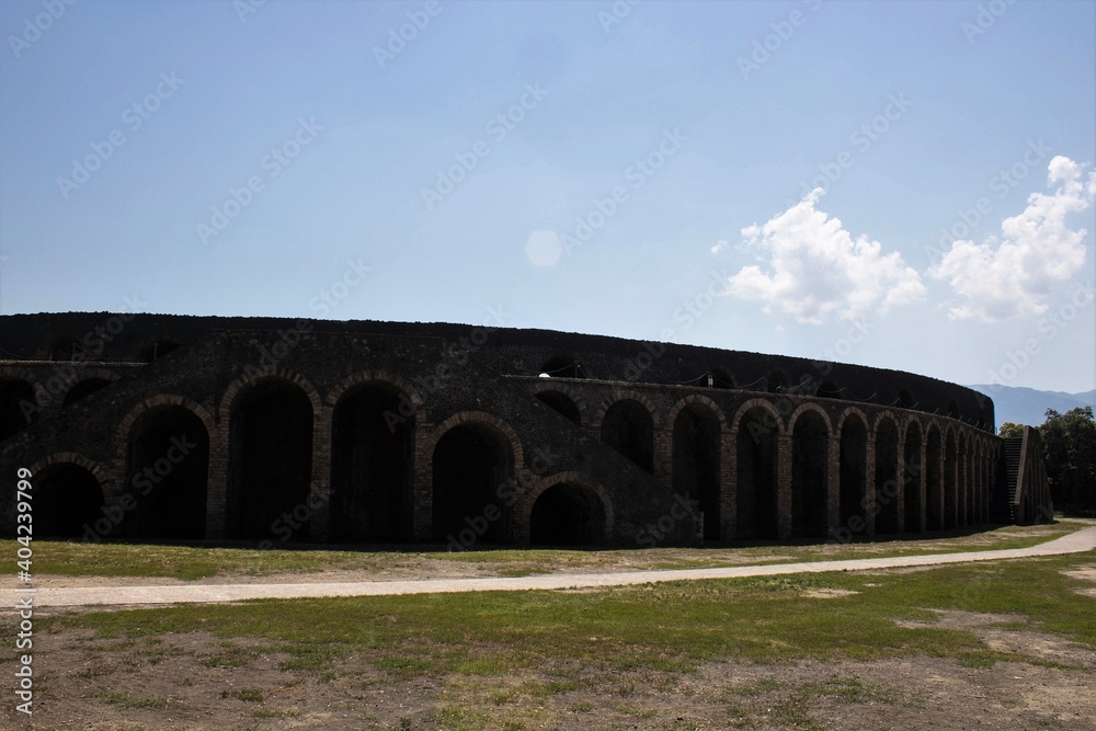 Pompeii, Italy, June 26, 2020 external walls of the Roman amphitheater
where the Pompeians watched the gladiator fights