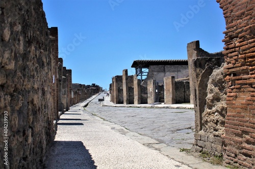 Pompeii, Italy, June 26, 2020 one of the main streets of the Roman city found after excavations following the eruption of the volcano Vesuvius in 79 AD.