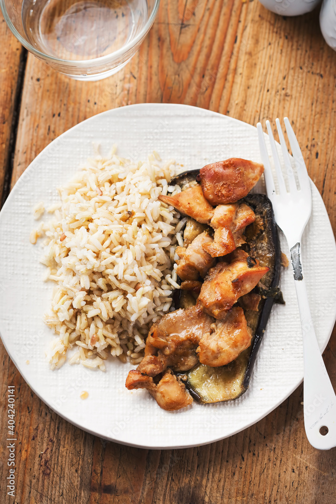Sticky miso chicken roasted on soy aubergine Sticky miso chicken roasted on soy aubergine