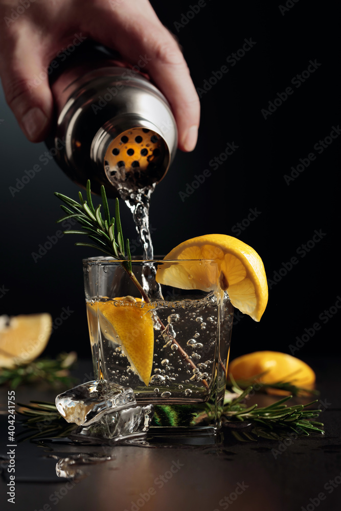Cocktail Gin and Tonic with lemon and rosemary. - obrazy, fototapety, plakaty 
