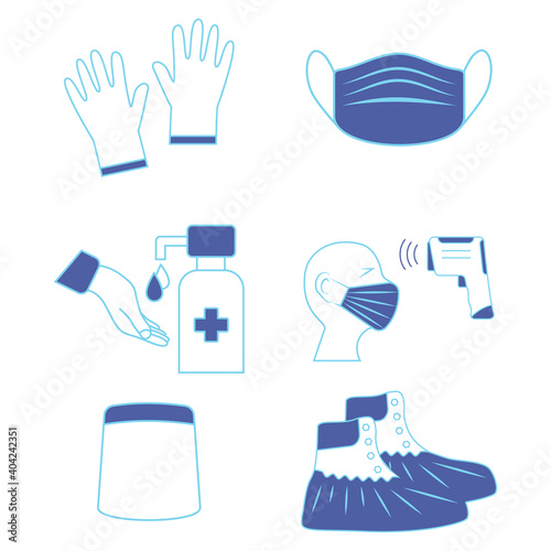 Shoe covers. Face shield. Mask, gloves and temperature scanning are required. Protective medical covers. Disinfection hands. Medical personal protective equipment