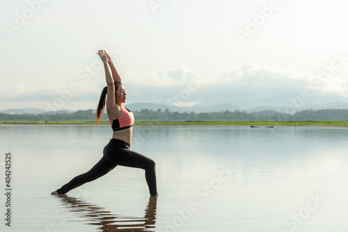 Yoga women lifestyle exercise and pose for healthy life. Young girl or people pose balance body vital zen and meditation for workout sunrise morning nature background