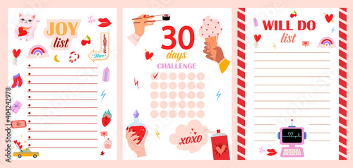 Collection of Weekly or daily planner, to do list, note paper templates with cute love cartoon illustrations. School scheduler and organizer. Editable vector illustration