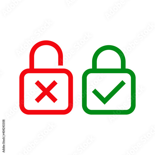 Seguridad. Logotipo candado abierto y candado cerrado con símbolos de error y ok con lineas en color rojo y verde