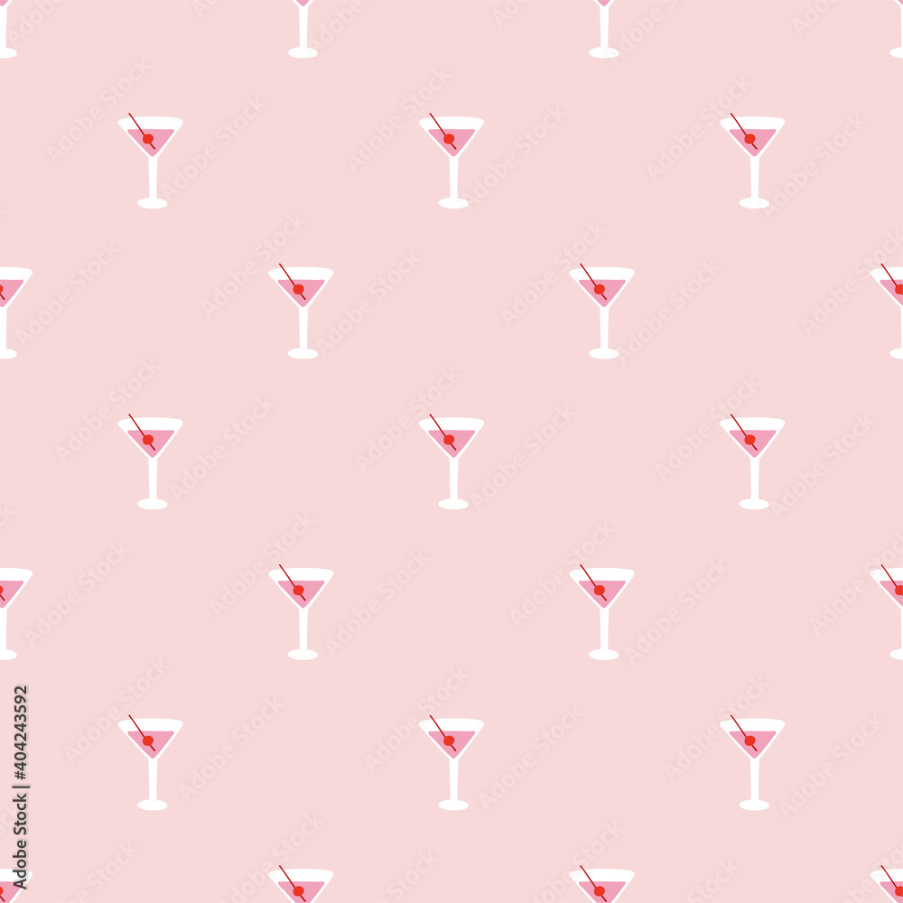 Tiny sweet cherry cocktail seamless pattern. Berry drink on pink background. Cute small-scaled summer cocktail party fashion design Vector illustration