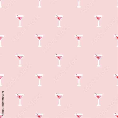 Tiny sweet cherry cocktail seamless pattern. Berry drink on pink background. Cute small-scaled summer cocktail party fashion design Vector illustration