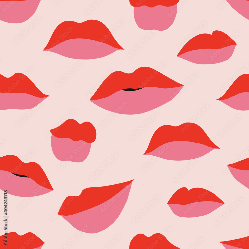 Red pink makeup woman lips shapes background Valentine's Day kiss seamless pattern Flat graphic girl mouth backdrop Romantic feminine design. Vector illustration - obrazy, fototapety, plakaty 