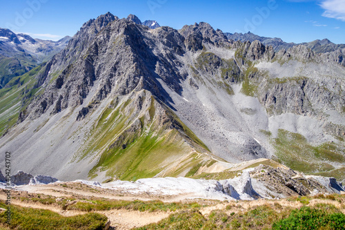 Mountain landscape and Mone Pass in Pralognan la Vanoise, French alps