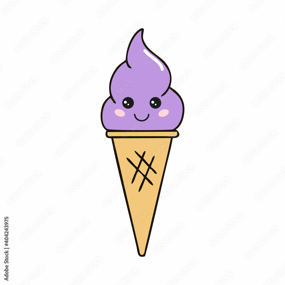 Purple ice cream with eyes. Ice cream in a waffle cone. Nice illustration for the cover.