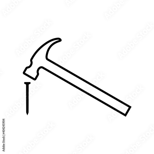 Hammer hitting nail line icon. Modern claw hammer with weighted metal head. Vector Illustration