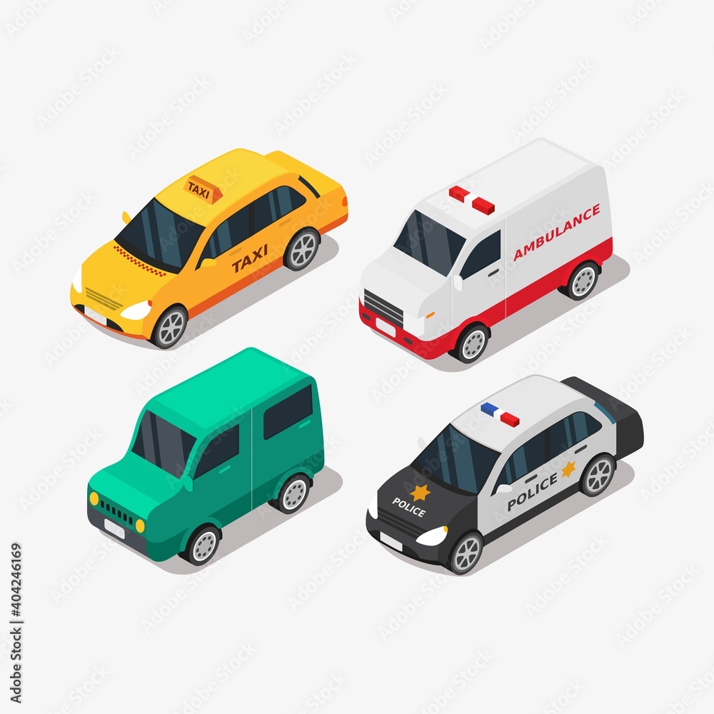 Isometric car vehicle for personal transport and public transportation vector illustration