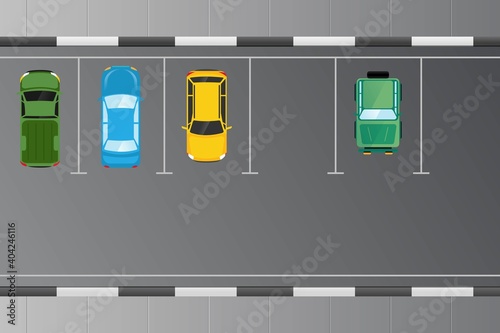 Cars vehicle from top view in the parking area design concept vector illustration