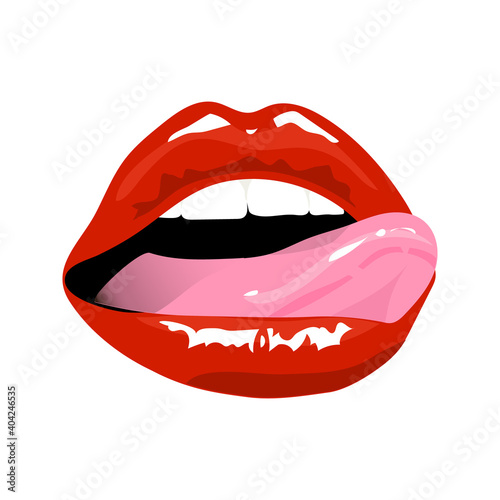 Red sexy lips poster. Open mouth and tongue. Pop art. Red sexual lips print. Card for Valentines Day. Hand drawing. Vector illustration.
