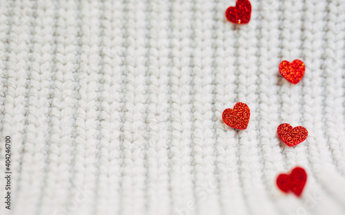 happy valentine day.Red heart.shiny red heart on a white knit background