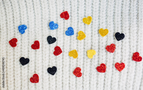 happy valentine day.Red heart.shiny red heart on a white knit background