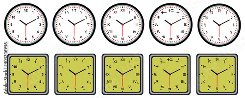 Wall clock with Latin, Arabic, Chinese, Hindu and Roman numerals. Round and square shaped numbers in different languages flat design clock set