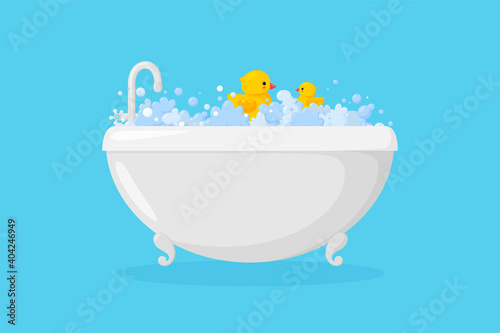 Bathtub with plastic duck in suds. Yellow ducks in bubbles and foam isolated in blue background. Vector illustration in cartoon style