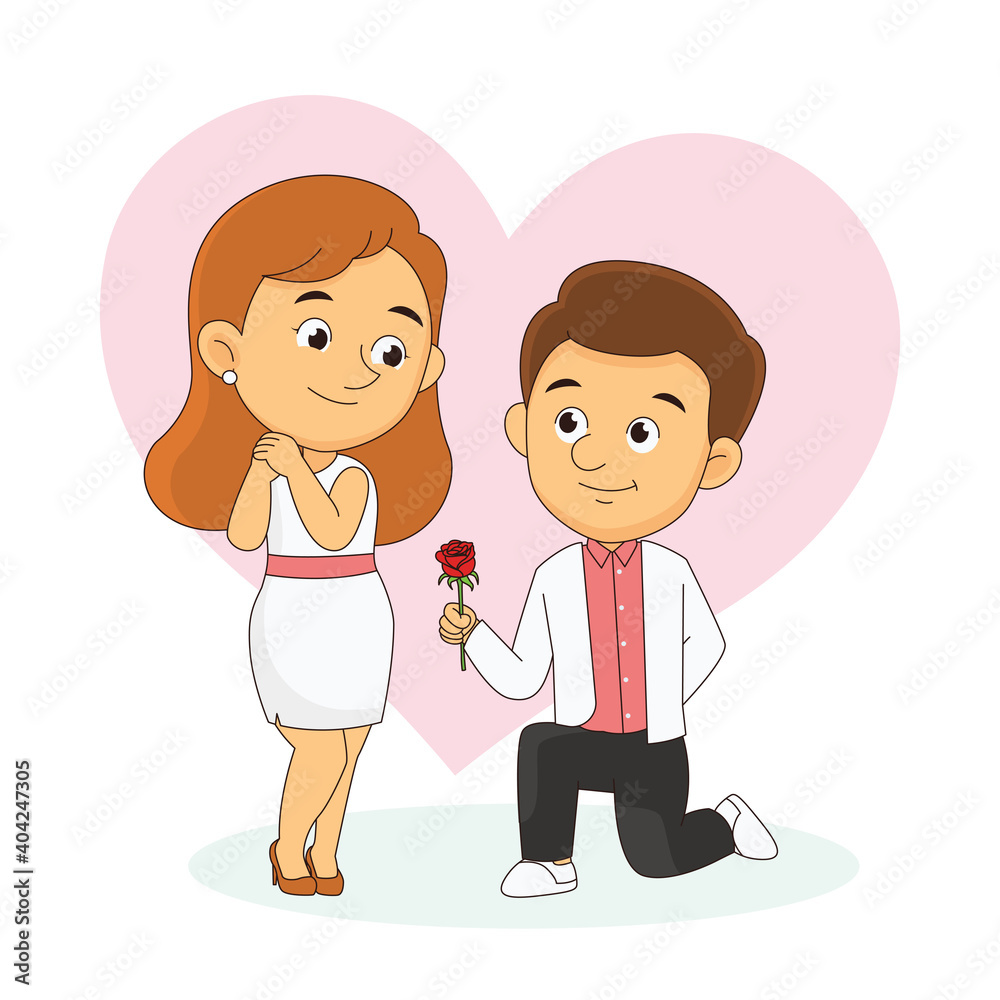 Valentine Day,couple romance - man kneel give flowers girl Valentine Day,couple romance - man kneel give flowers girl