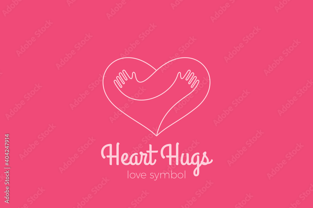 Heart Love Hugs Logo Hugging Hands design vector template Linear style. Valentines day Romantic dating Charity Donation Logotype concept icon.