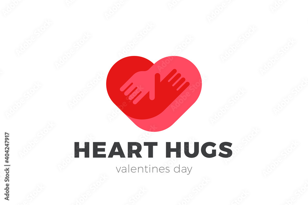 Heart Love Hugs Logo Hugging Hands design vector template. Valentines day Romantic dating Charity Donation Logotype concept icon.