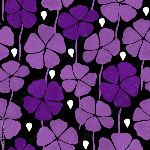 Purple flowers and white petals on a black background. Watercolor seamless pattern. Design for card, fabric, print, wrapping.