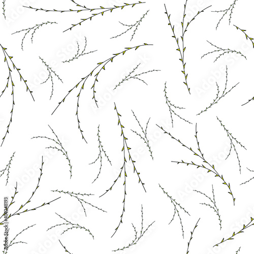 Cute branches with thorns on a white background. Vector seamless pattern. Design for fabric, print, card, wallpaper, wrapping.