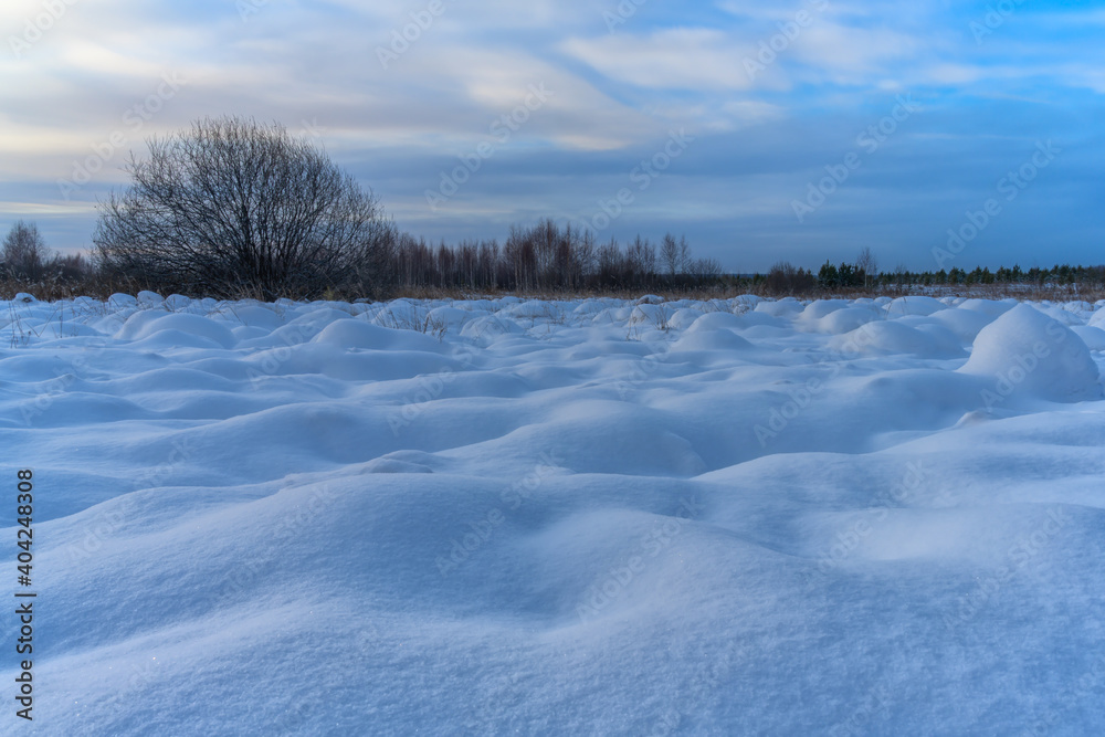 hilly snow field. winter landscape in blue tones with a beautiful snowy relief surface. in the foreground there are snowy hills, where the smallest grains of snow are visible. blue sky with clouds hilly snow field. winter landscape in blue tones with a beautiful snowy relief surface. in the foreground there are snowy hills, where the smallest grains of snow are visible. blue sky with clouds