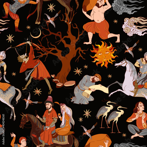 Fairy tales and legends of the Middle East. Ancient civilization murals. Seamless patern. Persian frescoes. Medieval miniature. Mughal art. Ottoman Empire book miniature. Thousand and One Nights