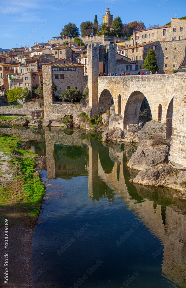 Medieval bridge of Besalu. View from city entrance, Besalu, Spain