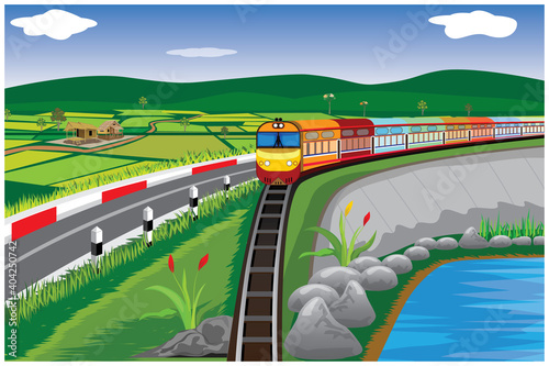 the train on paddy field at countryside vector design