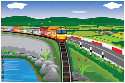 the train on paddy field at countryside vector design