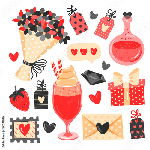 Valentine's day element collection, contrast colors on whine background