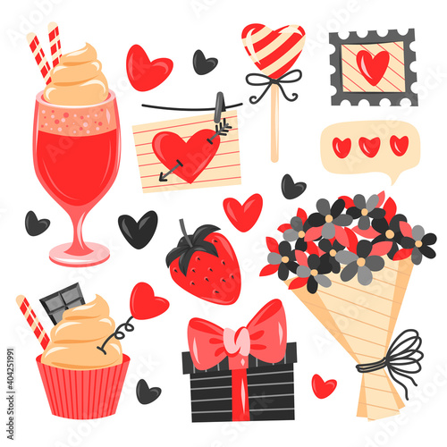 Valentine's day sticker collection, contrast colors on whine background