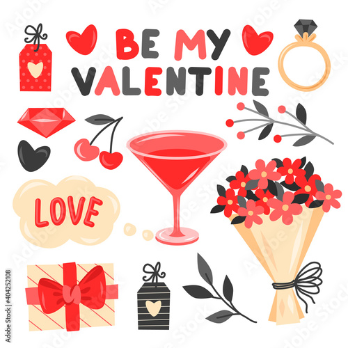Valentine's day collection of stickers, contrast colors on whine background