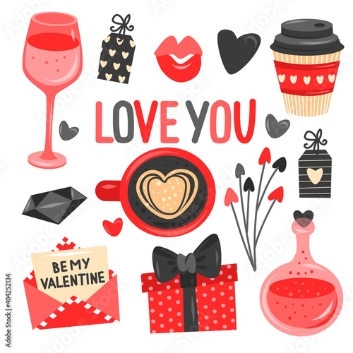 Valentine's day elements collection, contrast colors on whine background