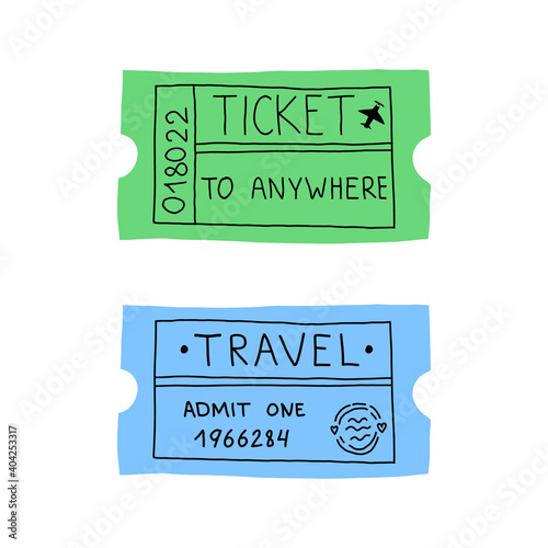 Travelling coupon and ticket to anywhere with hand lettering. Cute vector isolated illustration.