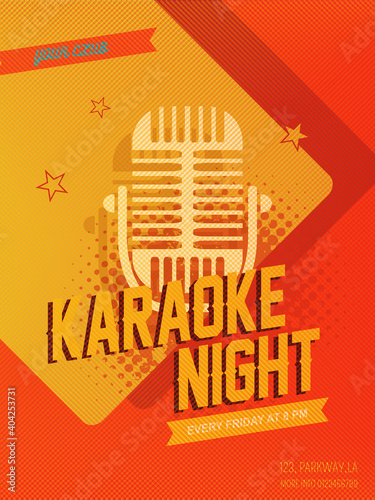 Karaoke night poster or flyer template in A4 size in pop art retro style. Song contest pre-made layout. Music night club event banner or promotional material.