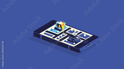 Flat 3d isometric mobile GPS navigation maps infographic concept illustration. Smartphone with digital paper map with marker.